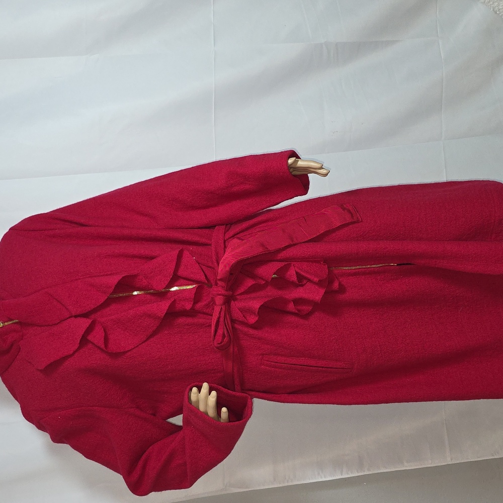 Chico’s Red Ruffle-Front Belted Long Cardigan – Elegant Duster Sweater